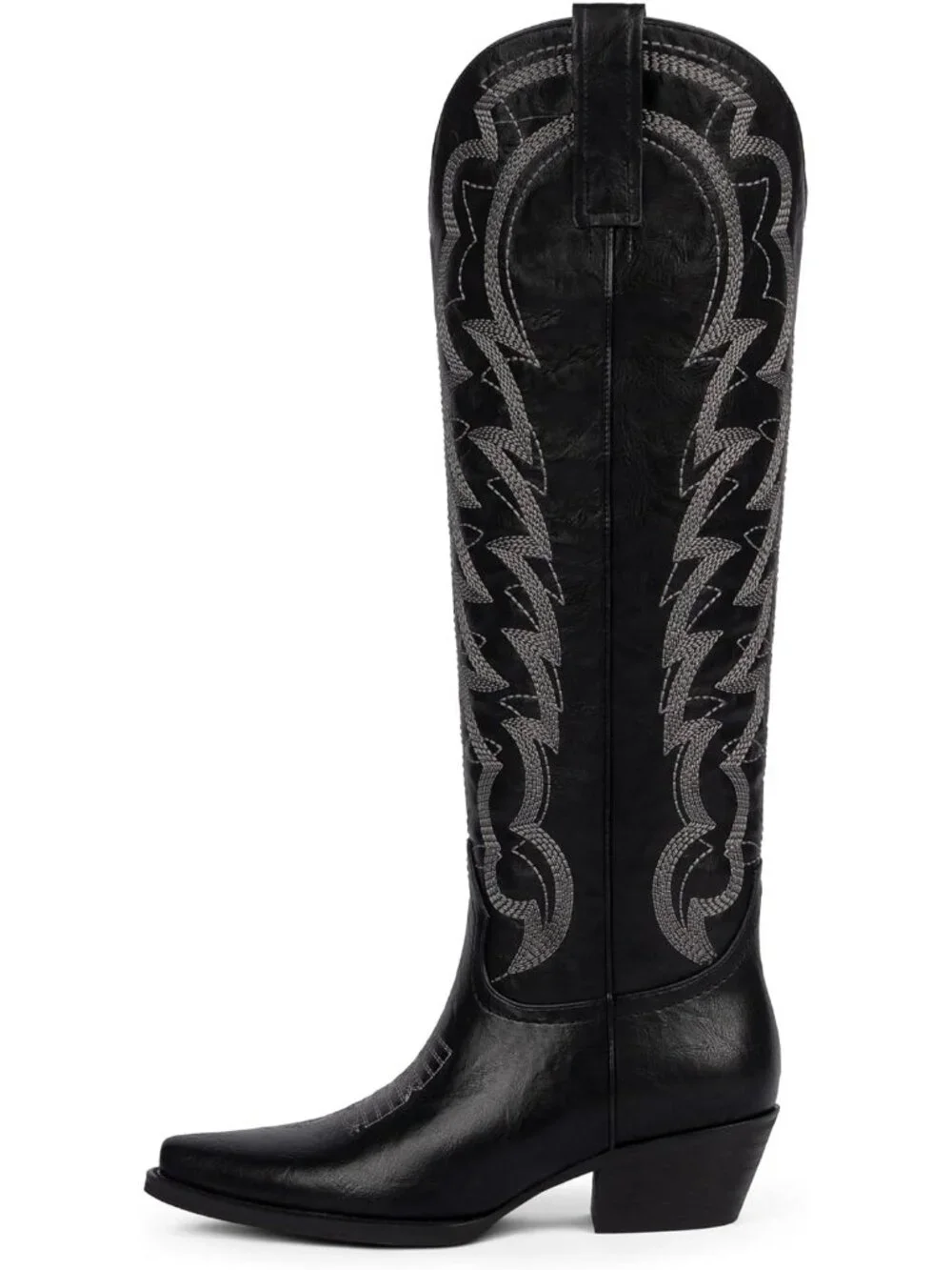 Women's Black Cowboy Knee High Boots Pointed Wide Calf Chunky Heel Cowgirl